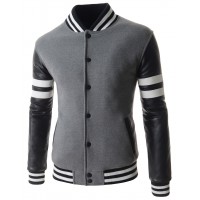 Men Grey Slim Fit Fashion Casual Paded Quilting Jacket with Synthetic Leather Sleeves